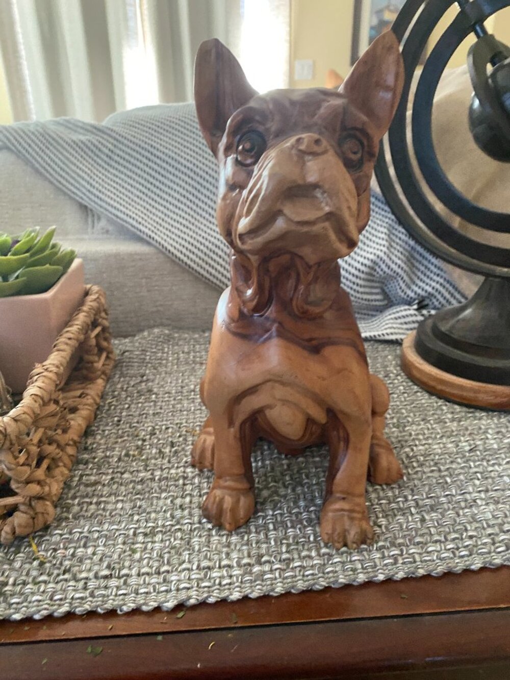French Bulldog statue is crafted, hand made from solid marbled wood 10.5" tall